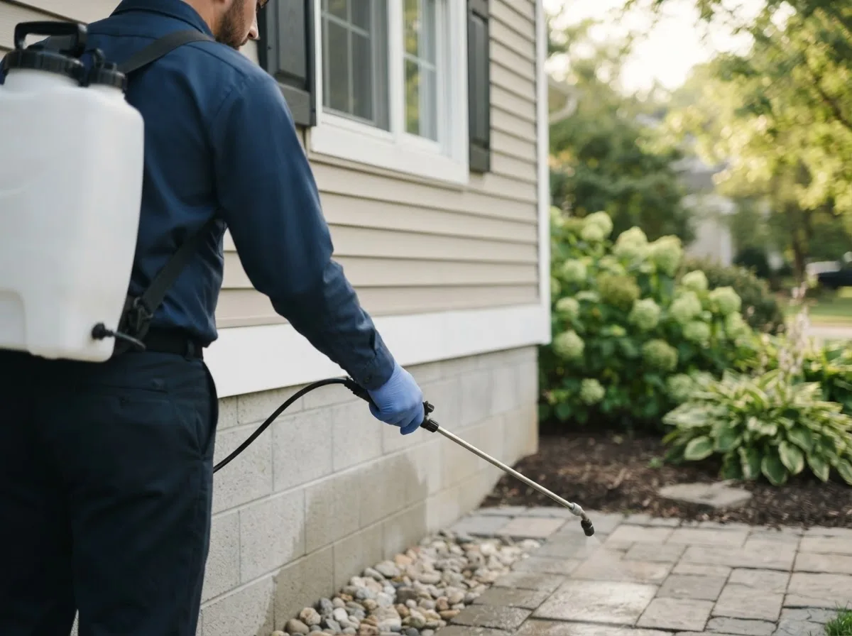 Pest control technician inspecting a home in Lost City, WV